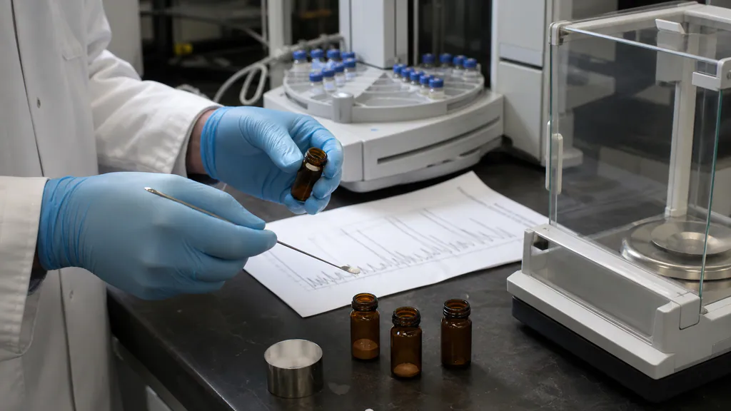Analytical chemist examining semaglutide chemical-form samples beside chromatography equipment and a laboratory balance
