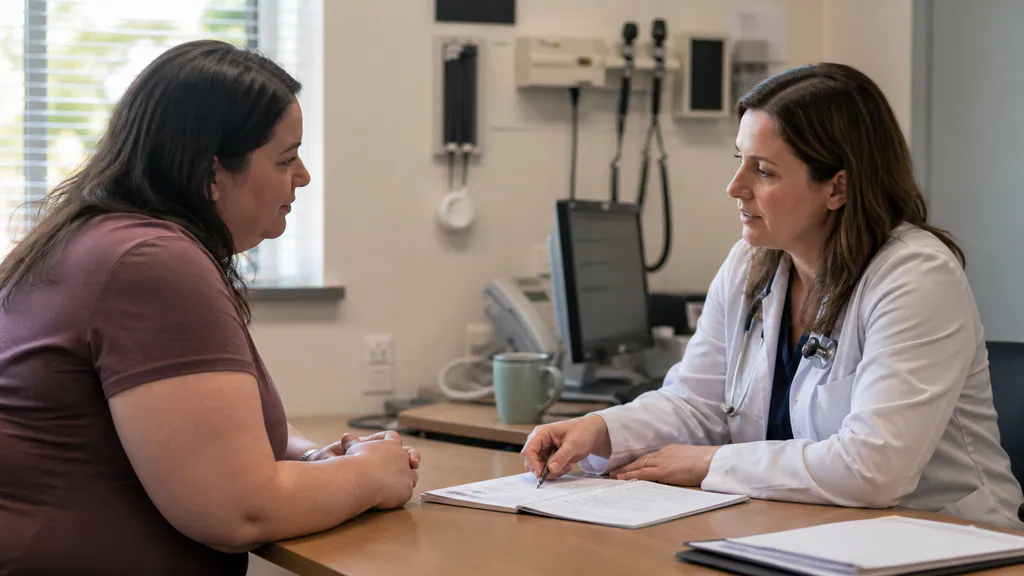 Clinician discussing a symptom diary with an adult patient during a routine consultation
