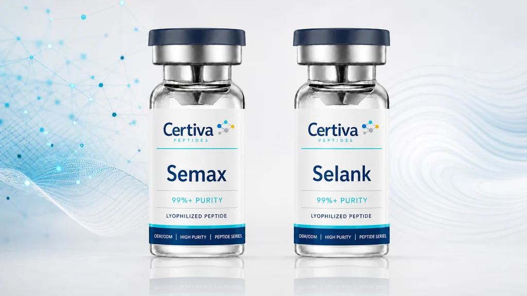 Semax and Selank research peptide vials shown as a bright focus signal and a calm balanced signal