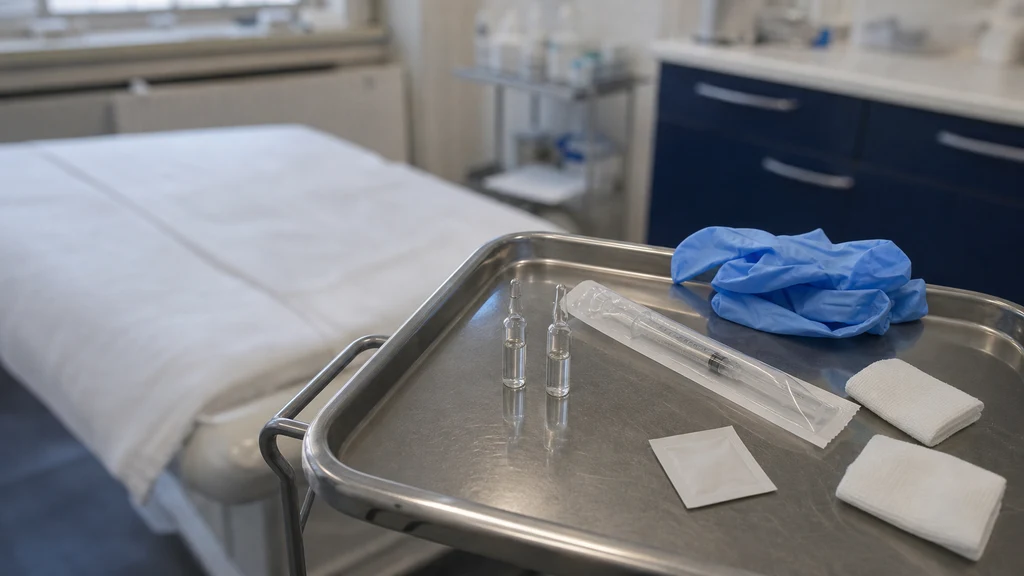 Skin booster ampoules and unopened sterile supplies prepared on a stainless-steel clinic tray