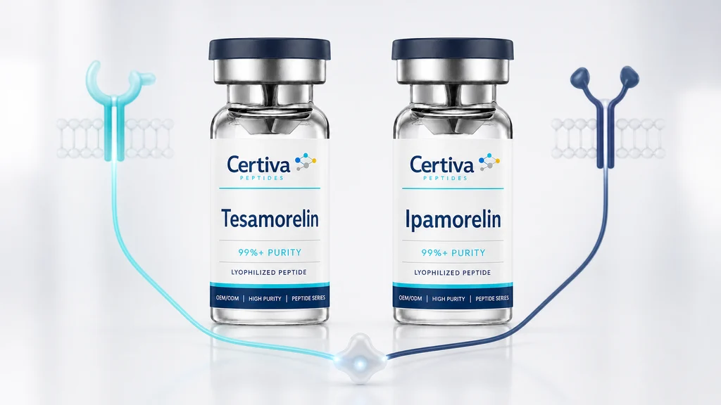 Tesamorelin and Ipamorelin research peptide vials beside distinct GHRH and ghrelin receptor signal paths