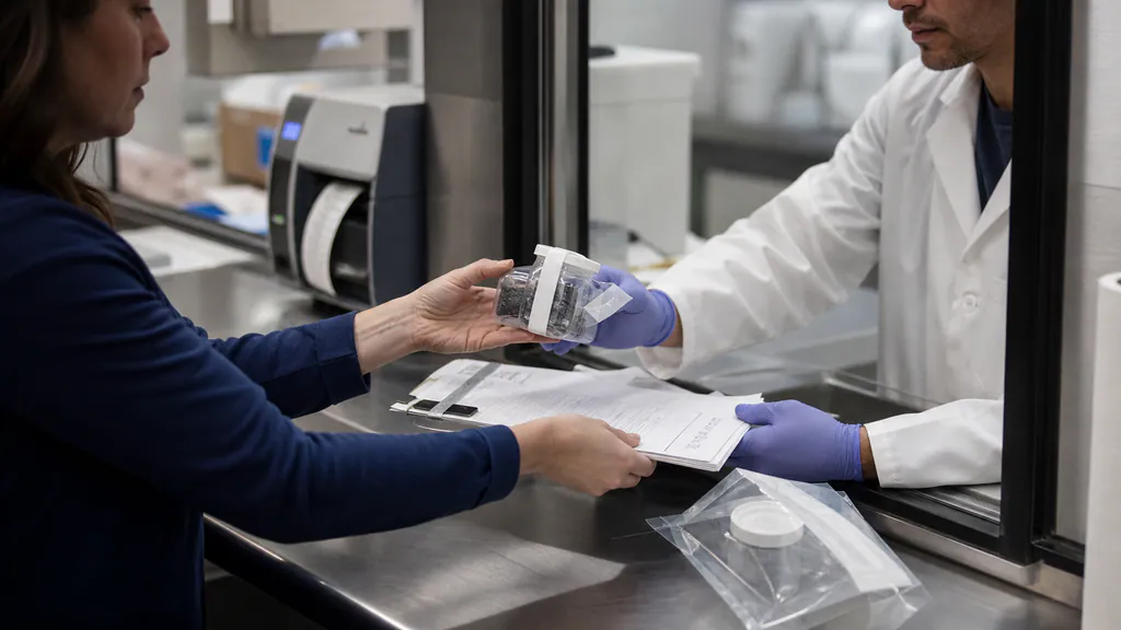 Independent laboratory technician accepting a sealed research sample with chain-of-custody documentation