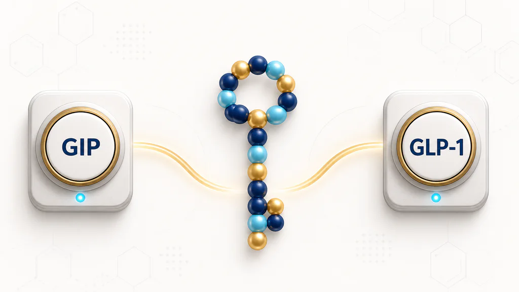 Illustration of one peptide key connecting to GIP and GLP-1 receptor buttons