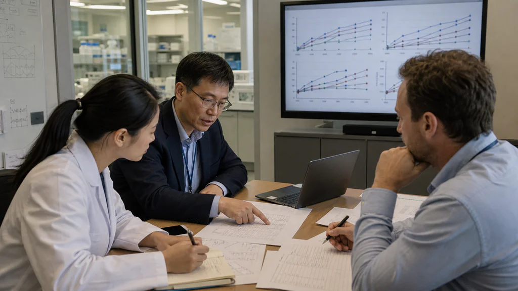 Clinical research team reviewing UBT251 dose-response data in a laboratory meeting