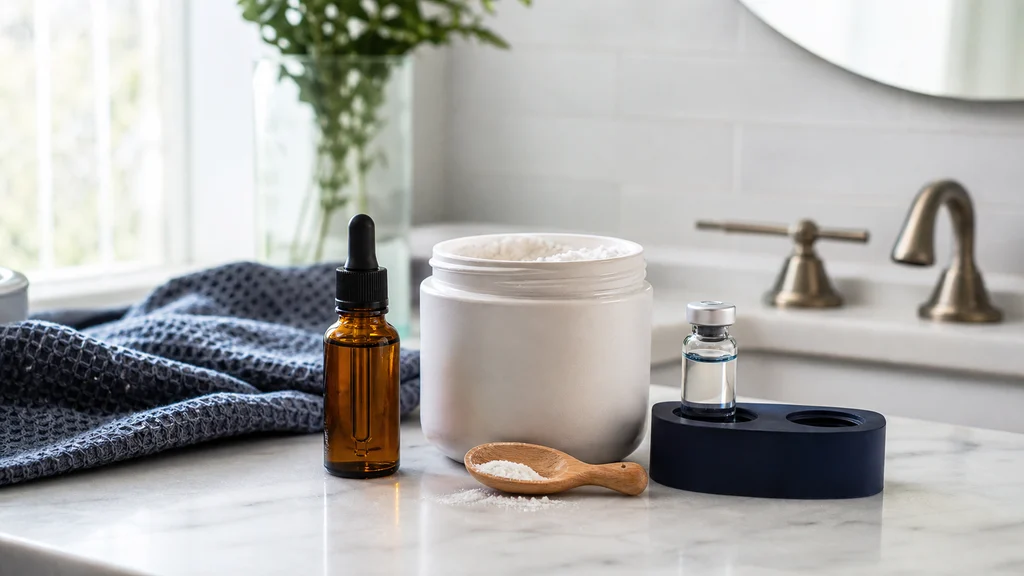 Peptide skincare serum, collagen powder, and a sealed peptide vial on a bright home countertop