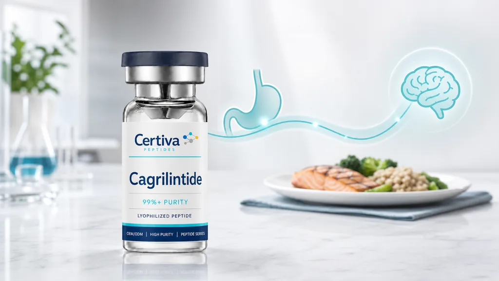 Certiva Cagrilintide research vial with a simple amylin fullness signal connecting the stomach and brain