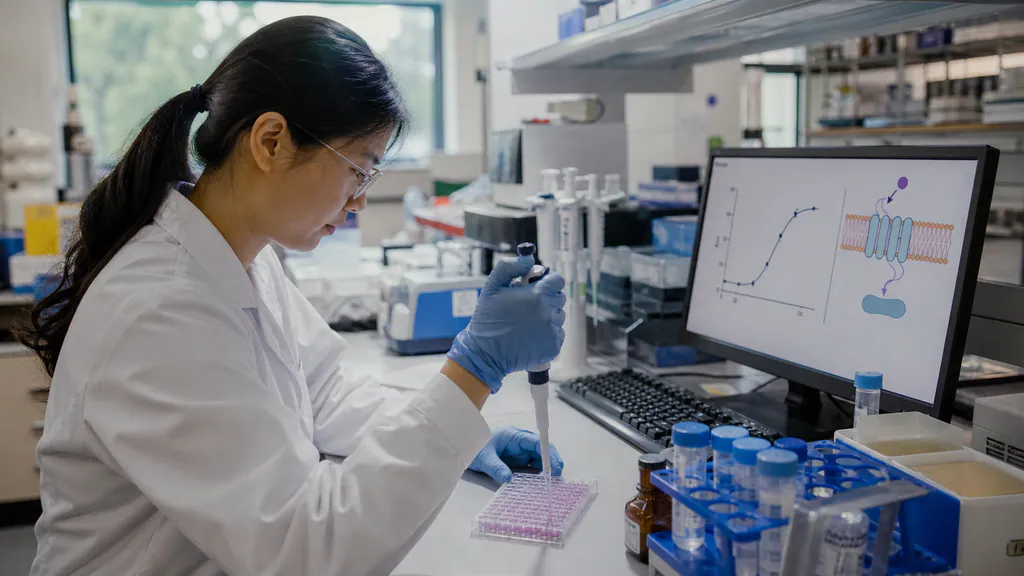 Metabolic researcher running a receptor-response assay while reviewing a semaglutide research curve